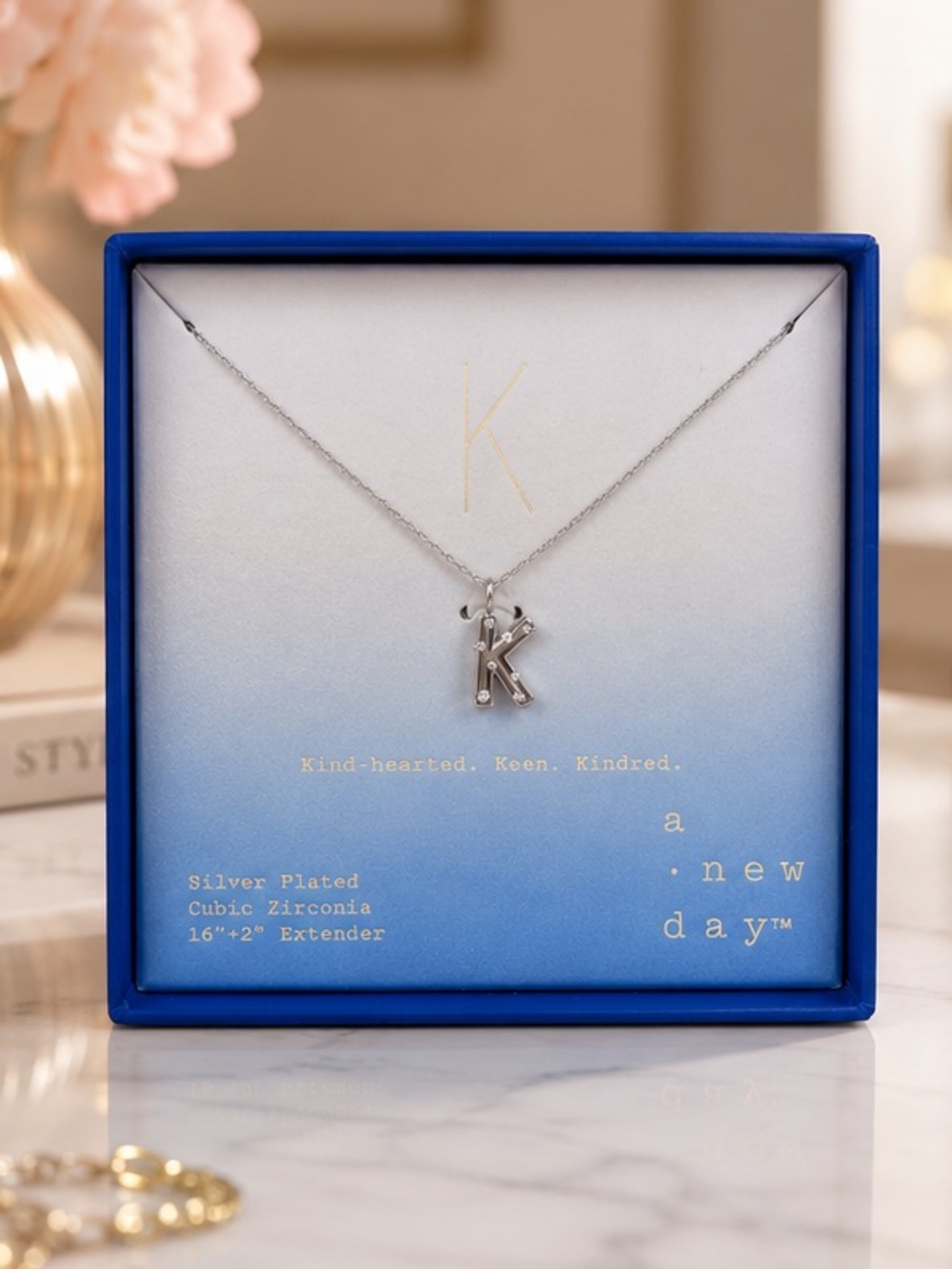 💙 A New Day K Initial Necklace – Silver Plated Cubic Zirconia